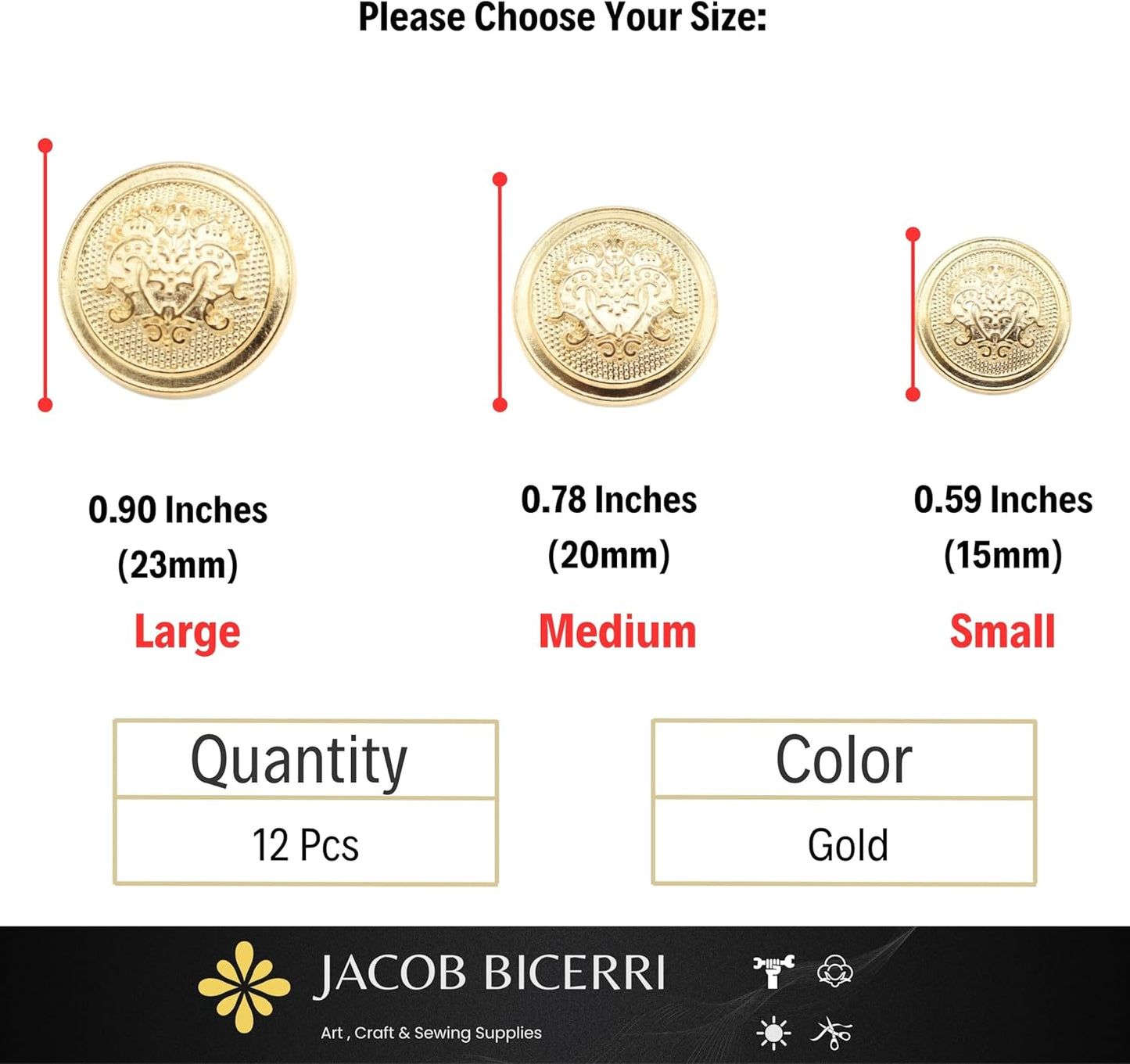 Gold Metal Shank Buttons - 12 Pcs - 3 Size Options - Floral Round Metal Shank Buttons for Men Women Blazer Coat Uniform Shirt Suit and Jacket Sewing Craft DIY N4501