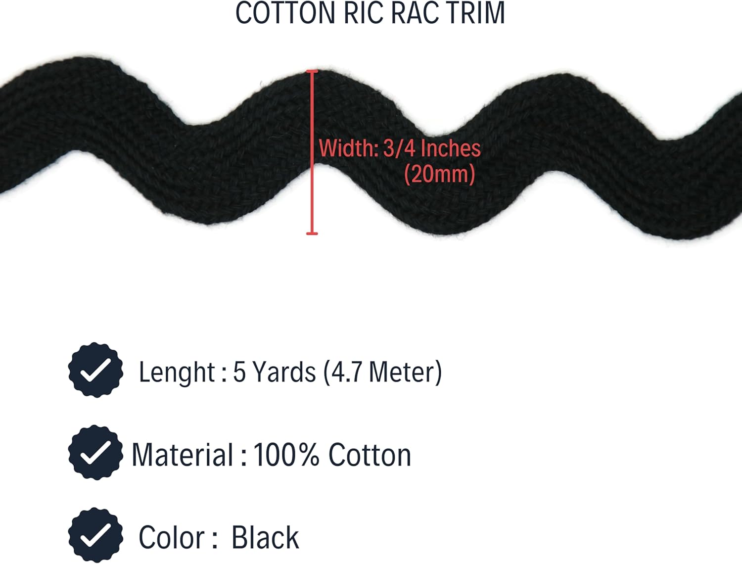 Cotton RIC Rac Trim - 3/4 Inch - 5 Yards - Black Wave Bending Fringe Lace Ribbon for Sewing Clothes, Gift Wrapping, Home Party Decoration CTR02105