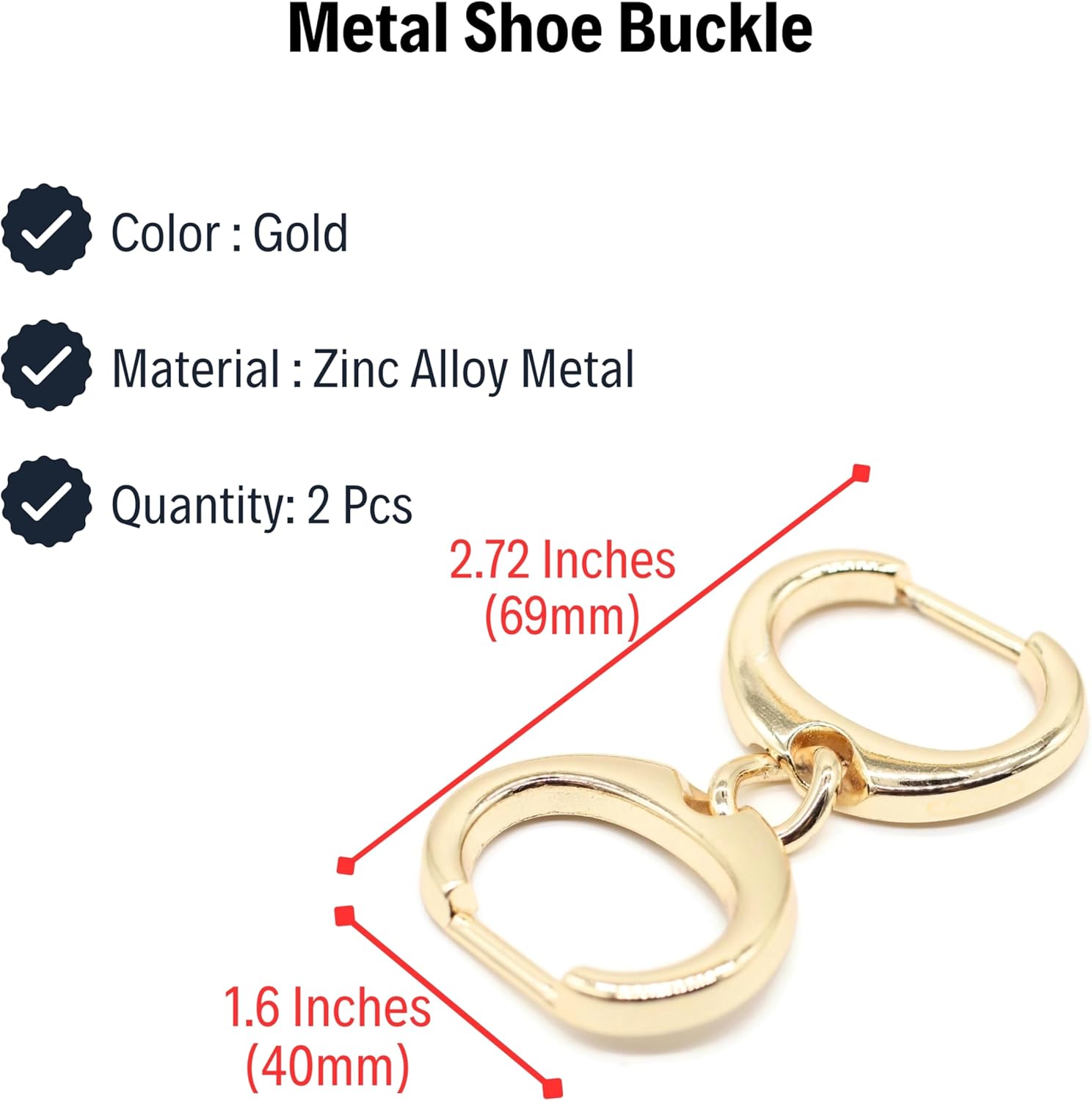 Shoe Buckle - 2.72 Inch (69mm) - 2 Pcs - Gold Metal Shoe Buckle Shoelace Clips Metal Hinged Equestrian Buckles For Craft & Sewing Project BG1202
