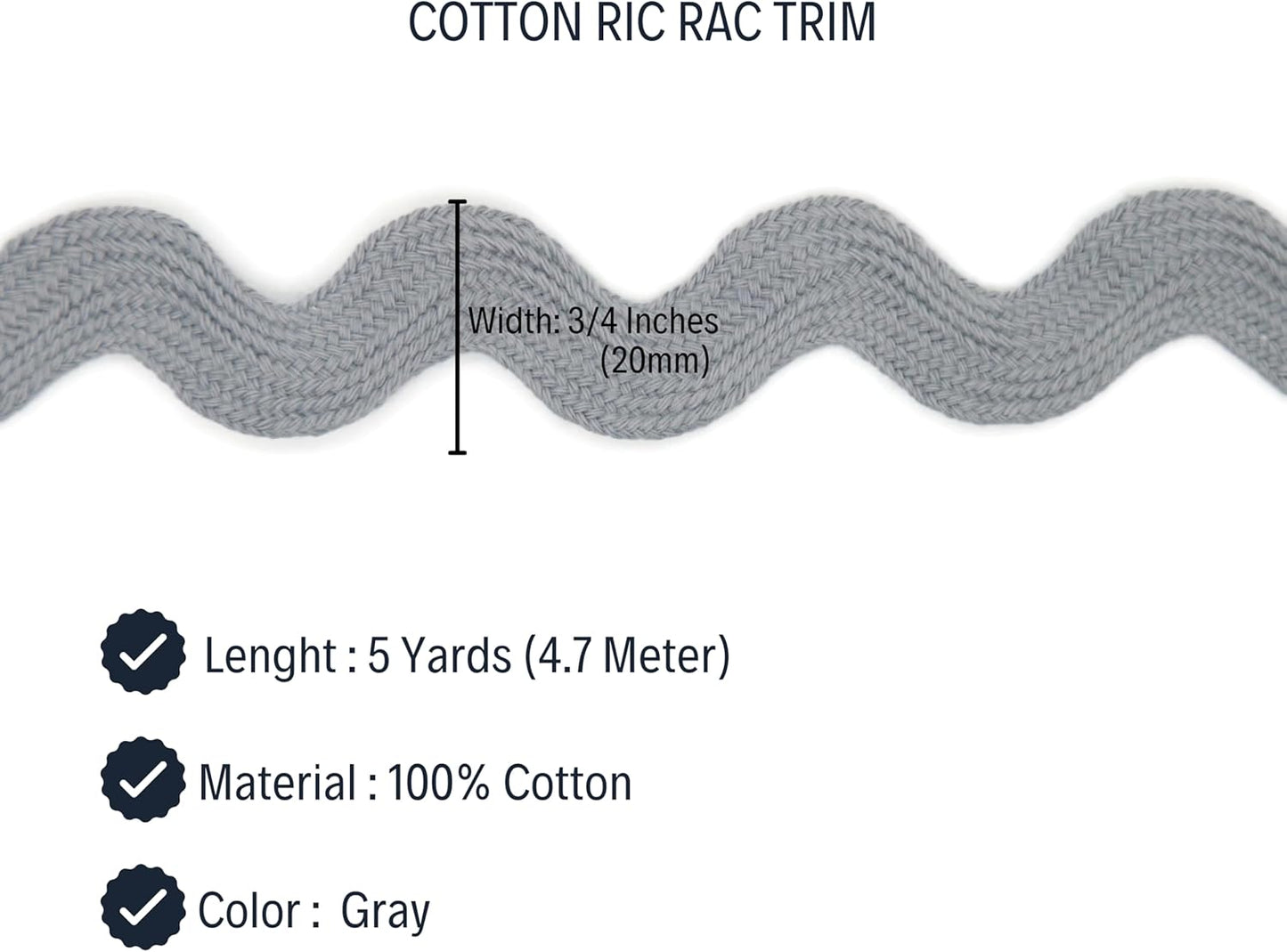 Cotton RIC Rac Trim - 3/4 Inch - 5 Yards - Gray Wave Bending Fringe Lace Ribbon for Sewing Clothes, Gift Wrapping, Home Party Decoration CTR02115