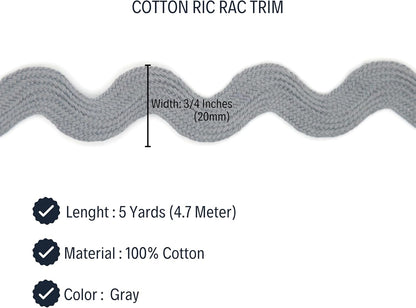 Cotton RIC Rac Trim - 3/4 Inch - 5 Yards - Gray Wave Bending Fringe Lace Ribbon for Sewing Clothes, Gift Wrapping, Home Party Decoration CTR02115