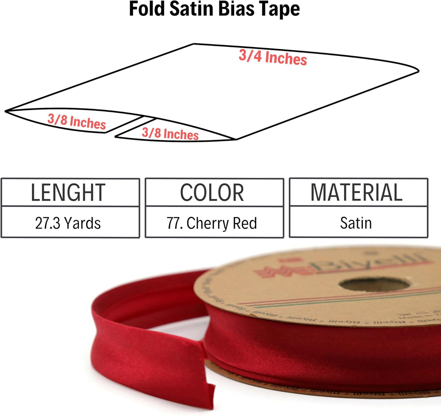 Fold Satin Bias Tape - 99+ Colors - 3/4 Inches Wide - 27 Yards - Fold Satin Binding Bias Ribbon Fabric Piping Bias Binding Tape for Sewing Clothing DIY (77. Cherry Red) BYS77