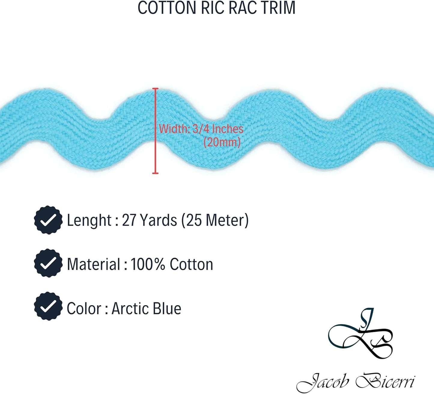 Cotton RIC Rac Trim - 3/4 Inch - 27 Yards - Wave Bending Fringe Trim Cotton Lace Ribbon RIC Rac Trim for Sewing Clothes Gift Wrapping Home Party Decoration CTR0203