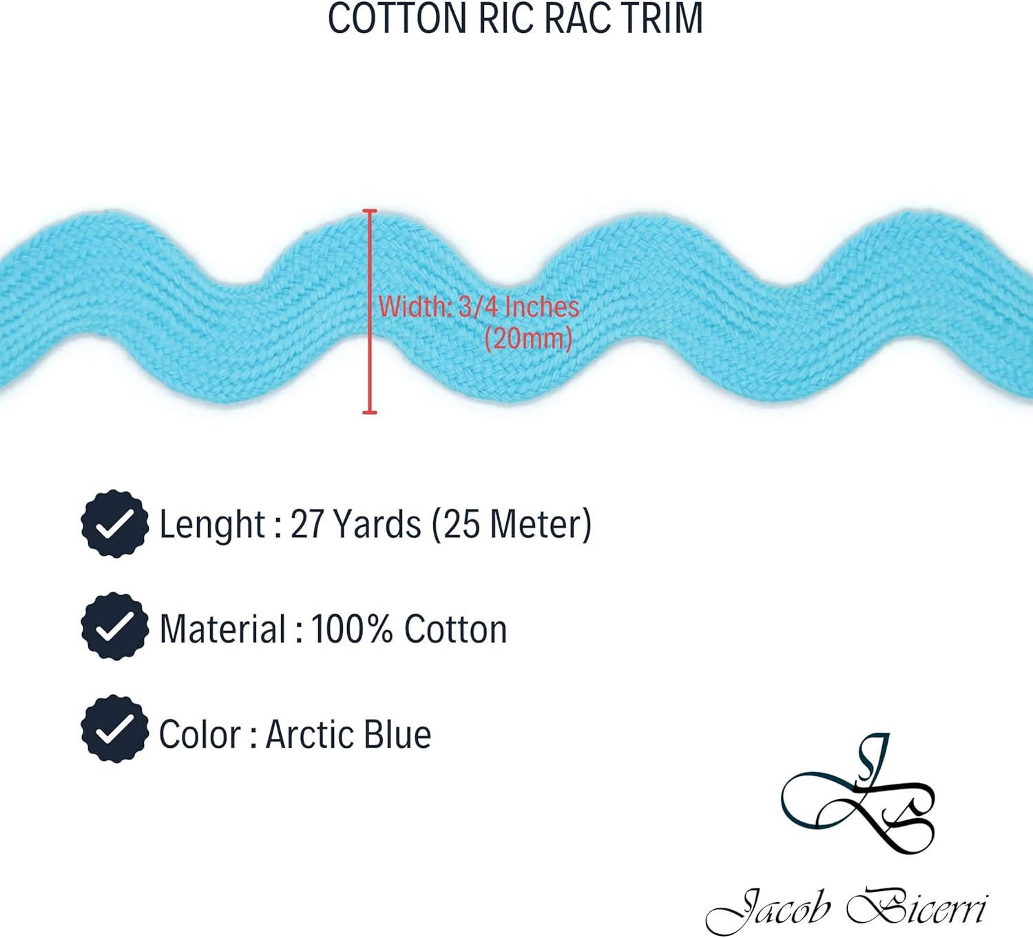 Cotton RIC Rac Trim - 3/4 Inch - 27 Yards - Wave Bending Fringe Trim Cotton Lace Ribbon RIC Rac Trim for Sewing Clothes Gift Wrapping Home Party Decoration CTR0203