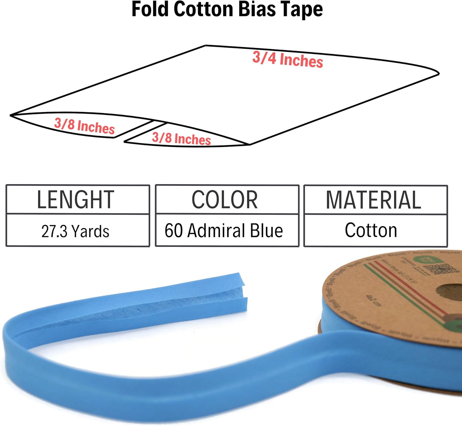 Cotton Fold Bias Tape - 3/4 Inches (20mm) Wide - 27 Yards - 65+ Colors - Single Fold Cotton Fold Bias Binding Tape for Sewing Clothing DIY (60. Admiral Blue) D60