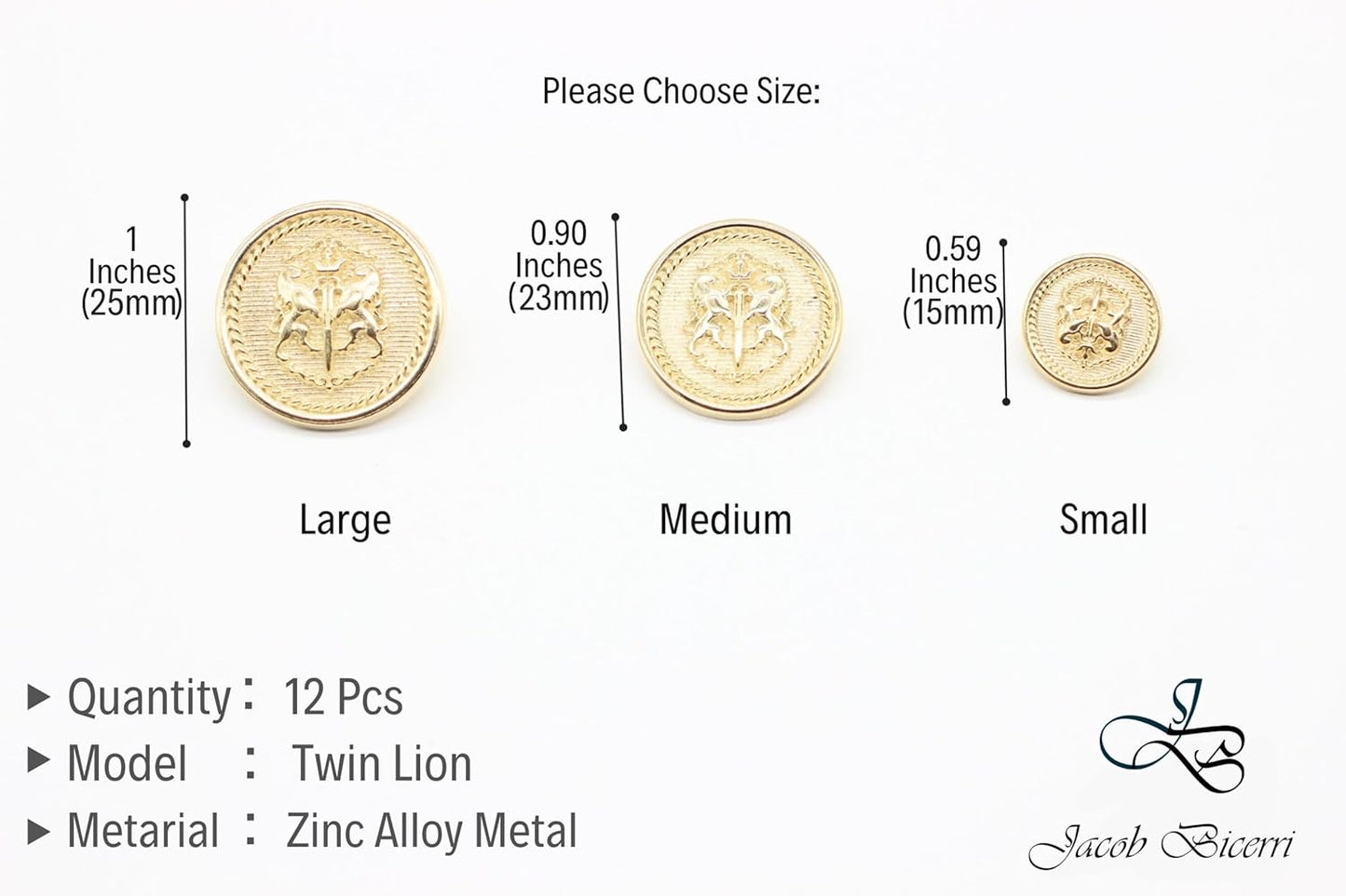 Twin Lion Gold Metal Shank Buttons - 12 Pcs - 3 Size Options - Luxury Twin Lion Crown Kingdom Metal Shank Buttons for Men Women Blazer Coat Uniform Shirt Suit and Jacket Sewing Craft DIY TWL4623……