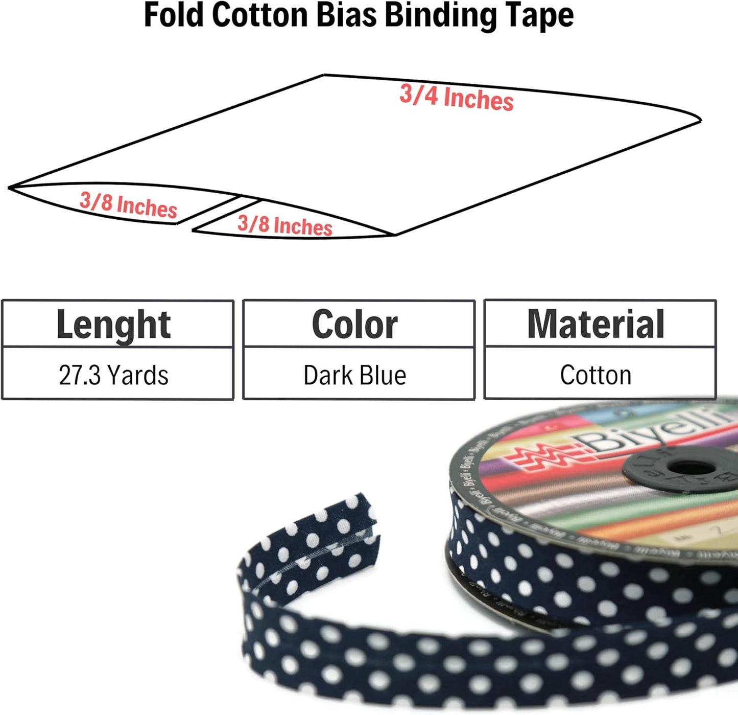 Cotton Fold Bias Binding Tape - 3/4 Inches (20mm) Wide - 27 Yards - Polka Dots Single Fold Cotton Fold Bias Binding Tape for Sewing Clothing DIY Dark Blue A19