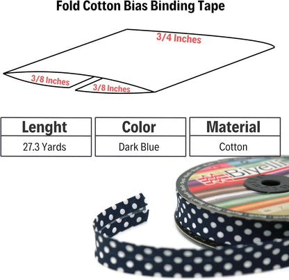 Cotton Fold Bias Binding Tape - 3/4 Inches (20mm) Wide - 27 Yards - Polka Dots Single Fold Cotton Fold Bias Binding Tape for Sewing Clothing DIY Dark Blue A19