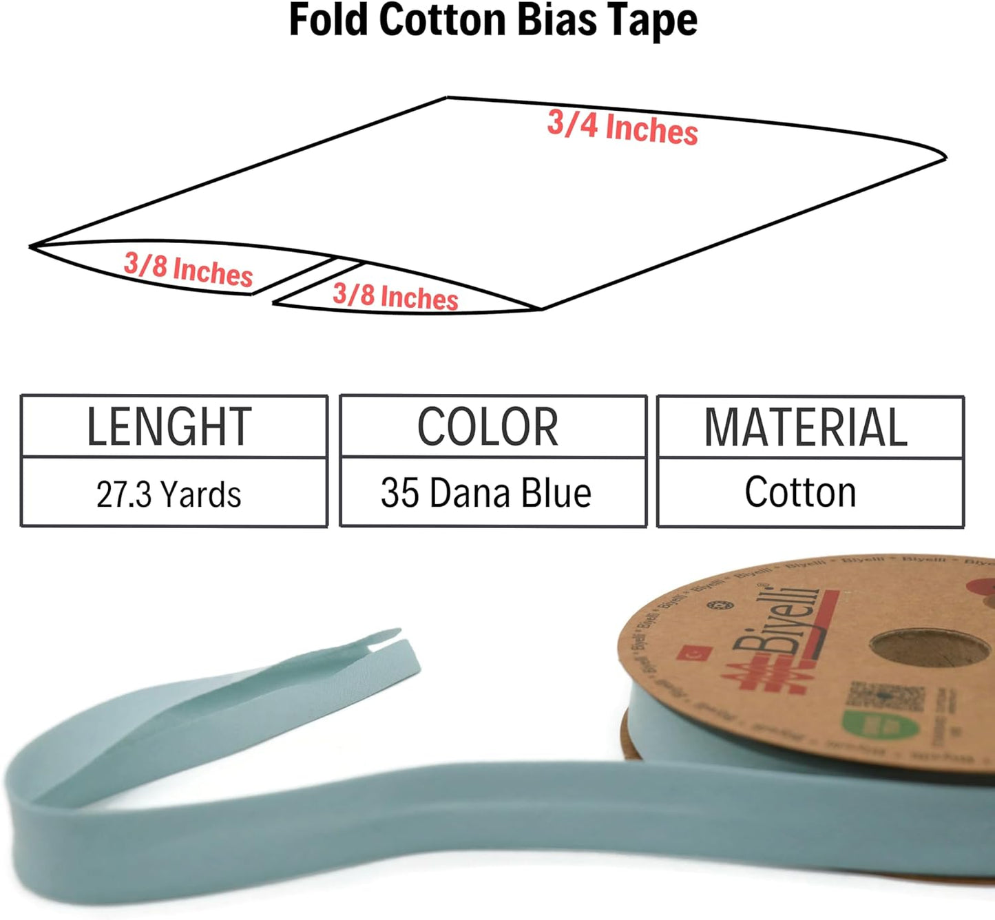 Cotton Fold Bias Tape - 3/4 Inches (20mm) Wide - 27 Yards - 65+ Colors - Single Fold Cotton Fold Bias Binding Tape for Sewing Clothing DIY (35. Dana Blue) D35