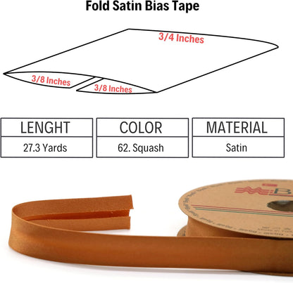 Fold Satin Bias Tape - 99+ Colors - 3/4 Inches Wide - 27 Yards - Fold Satin Binding Bias Ribbon Fabric Piping Bias Binding Tape for Sewing Clothing DIY (63. Squash) BYS62