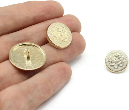 Gold Metal Shank Buttons - 12 Pcs - 3 Size Options - Luxury Twin Lion Kingdom Round Metal Shank Buttons for Men Women Blazer Coat Uniform Shirt Suit and Jacket Sewing Craft DIY N3203