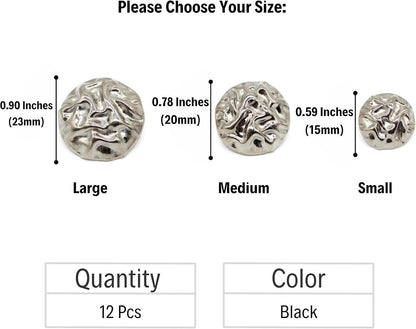 Wrinkle Black Metal Shank Buttons - 12 Pcs - 3 Size Options - Luxury Wrinkle Round Wave Metal Shank Buttons for Men Women Blazer Coat Uniform Shirt Suit and Jacket Sewing Craft DIY N2703