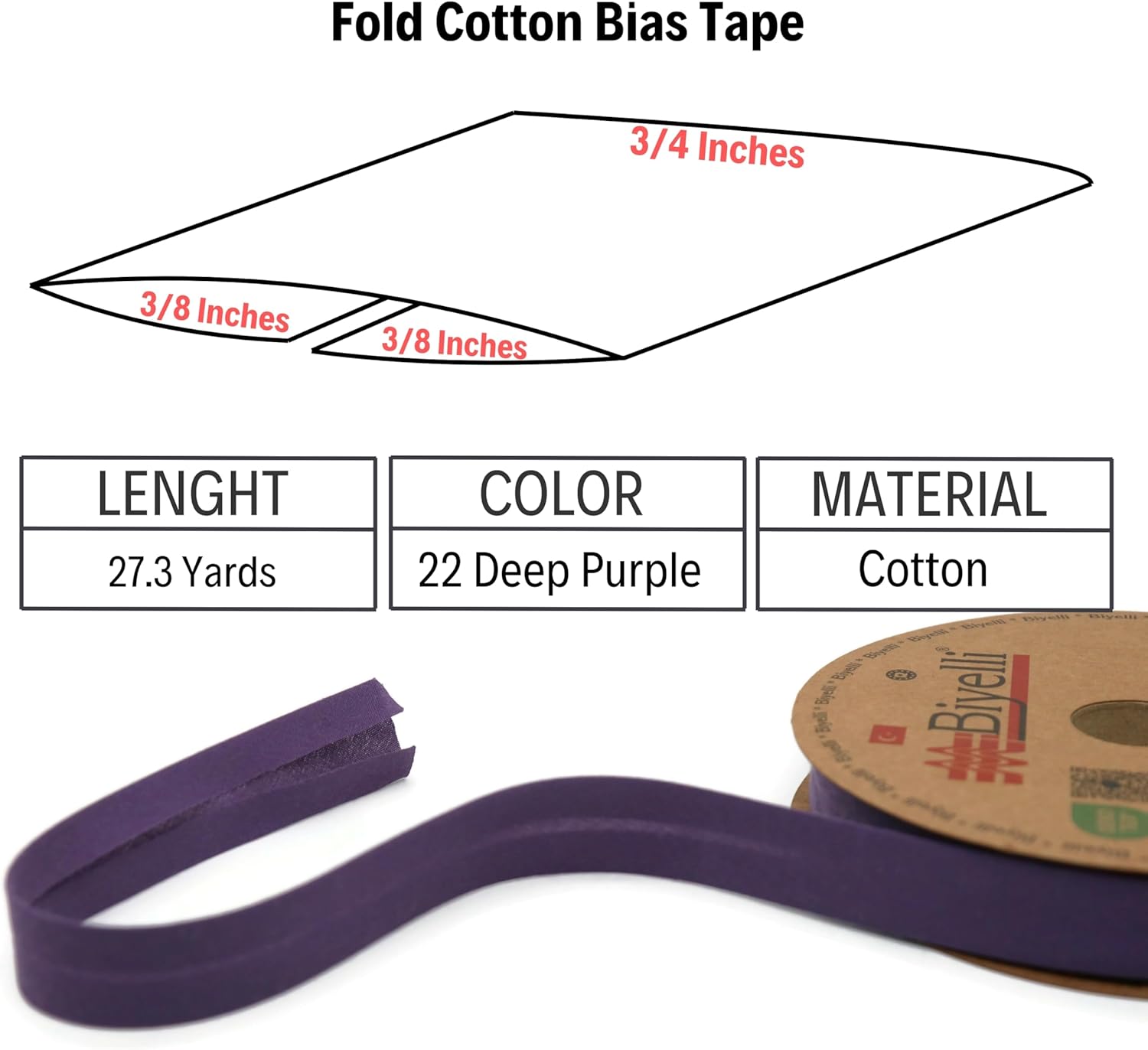 Cotton Fold Bias Tape - 3/4 Inches (20mm) Wide - 27 Yards - 65+ Colors - Single Fold Cotton Fold Bias Binding Tape for Sewing Clothing DIY (22. Deep Purple) D22