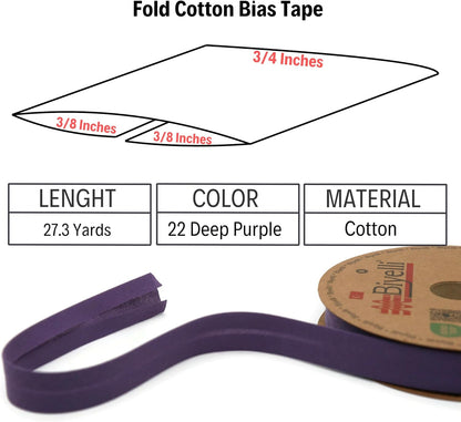 Cotton Fold Bias Tape - 3/4 Inches (20mm) Wide - 27 Yards - 65+ Colors - Single Fold Cotton Fold Bias Binding Tape for Sewing Clothing DIY (22. Deep Purple) D22