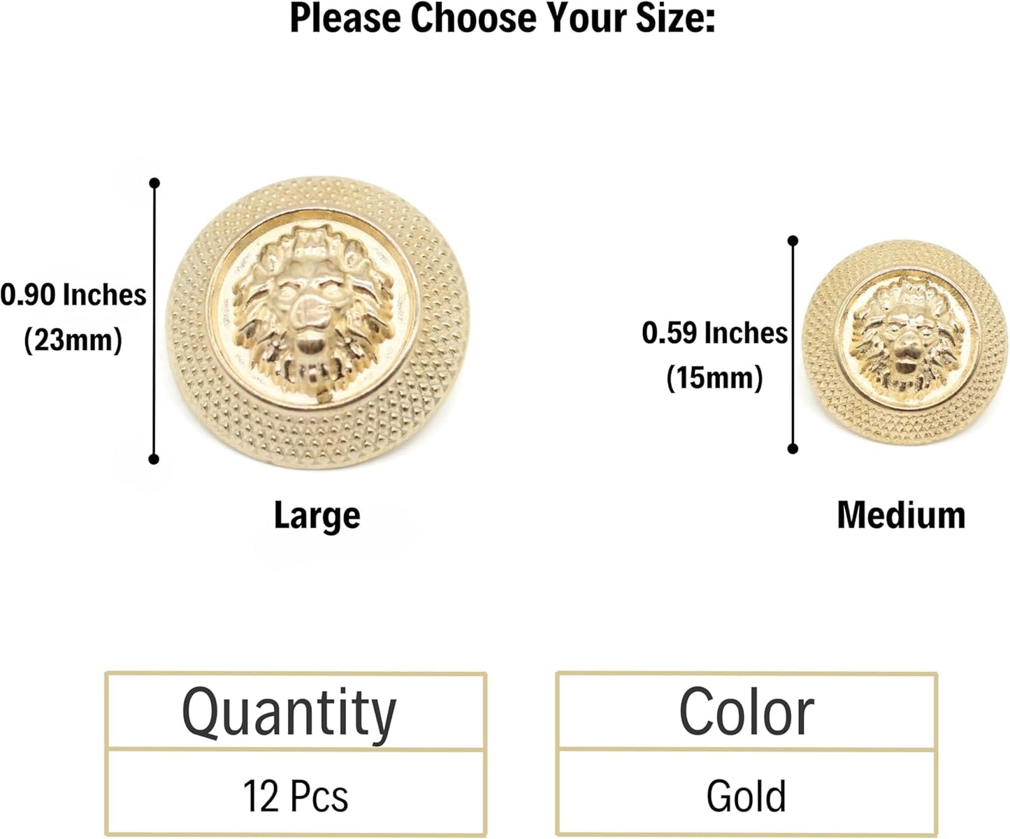 Gold Metal Shank Buttons - 12 Pcs - 2 Size Options - Luxury Kingdom Lion Round Metal Shank Buttons for Men Women Blazer Coat Uniform Shirt Suit and Jacket Sewing Craft DIY N0602