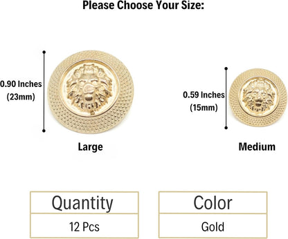 Gold Metal Shank Buttons - 12 Pcs - 2 Size Options - Luxury Kingdom Lion Round Metal Shank Buttons for Men Women Blazer Coat Uniform Shirt Suit and Jacket Sewing Craft DIY N0602