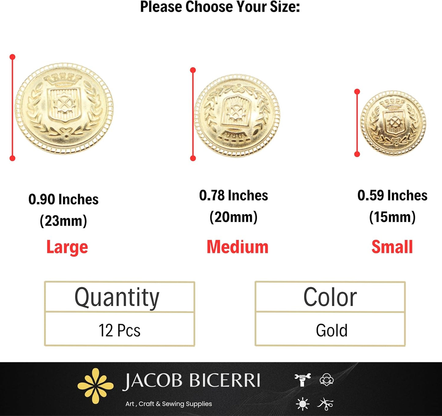 Gold Metal Shank Buttons - 12 Pcs - 3 Size Options - The Crown of Kingdom Round Metal Shank Buttons for Men Women Blazer Coat Uniform Shirt Suit and Jacket Sewing Craft DIY N4202