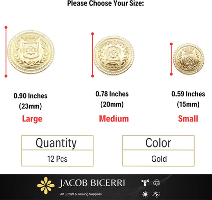 Gold Metal Shank Buttons - 12 Pcs - 3 Size Options - The Crown of Kingdom Round Metal Shank Buttons for Men Women Blazer Coat Uniform Shirt Suit and Jacket Sewing Craft DIY N4202