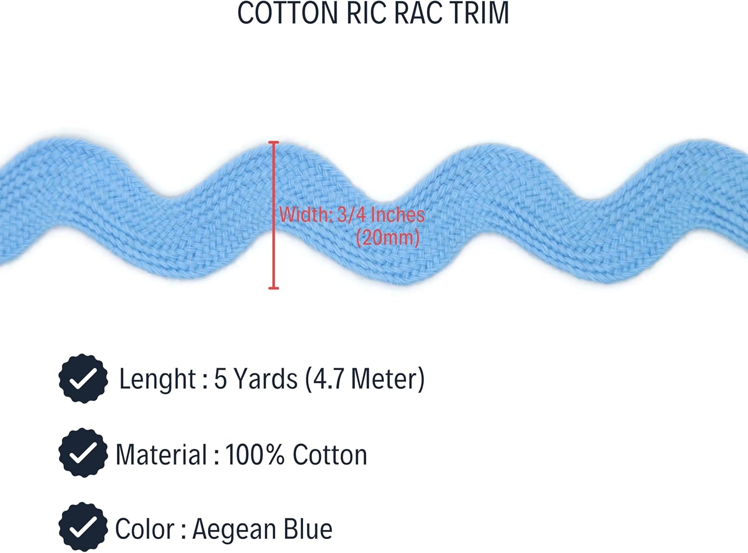 Cotton RIC Rac Trim - 3/4 Inch - 5 Yards - Blue Wave Bending Fringe Lace Ribbon for Sewing Clothes, Gift Wrapping, Home Party Decoration CTR02025