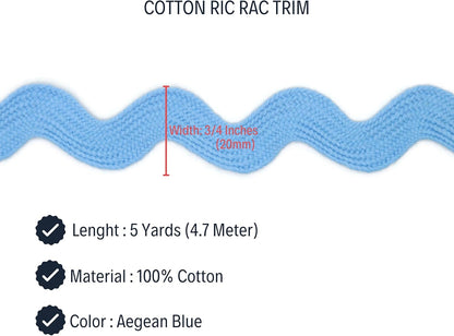Cotton RIC Rac Trim - 3/4 Inch - 5 Yards - Blue Wave Bending Fringe Lace Ribbon for Sewing Clothes, Gift Wrapping, Home Party Decoration CTR02025