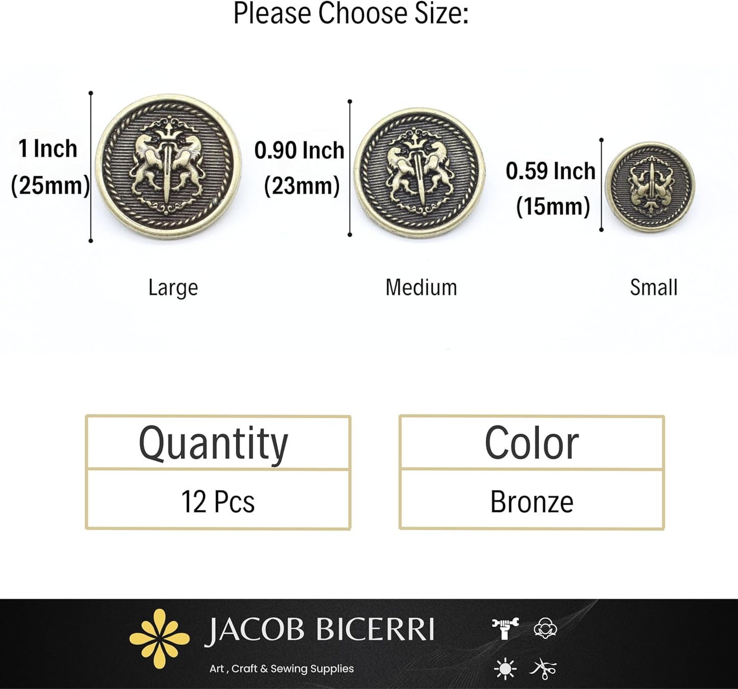 Twin Lion Bronze Metal Shank Buttons - 12 Pcs - 3 Size Options - Luxury Twin Lion Crown Kingdom Metal Shank Buttons for Men Women Blazer Coat Uniform Shirt Suit and Jacket Sewing Craft DIY N16903