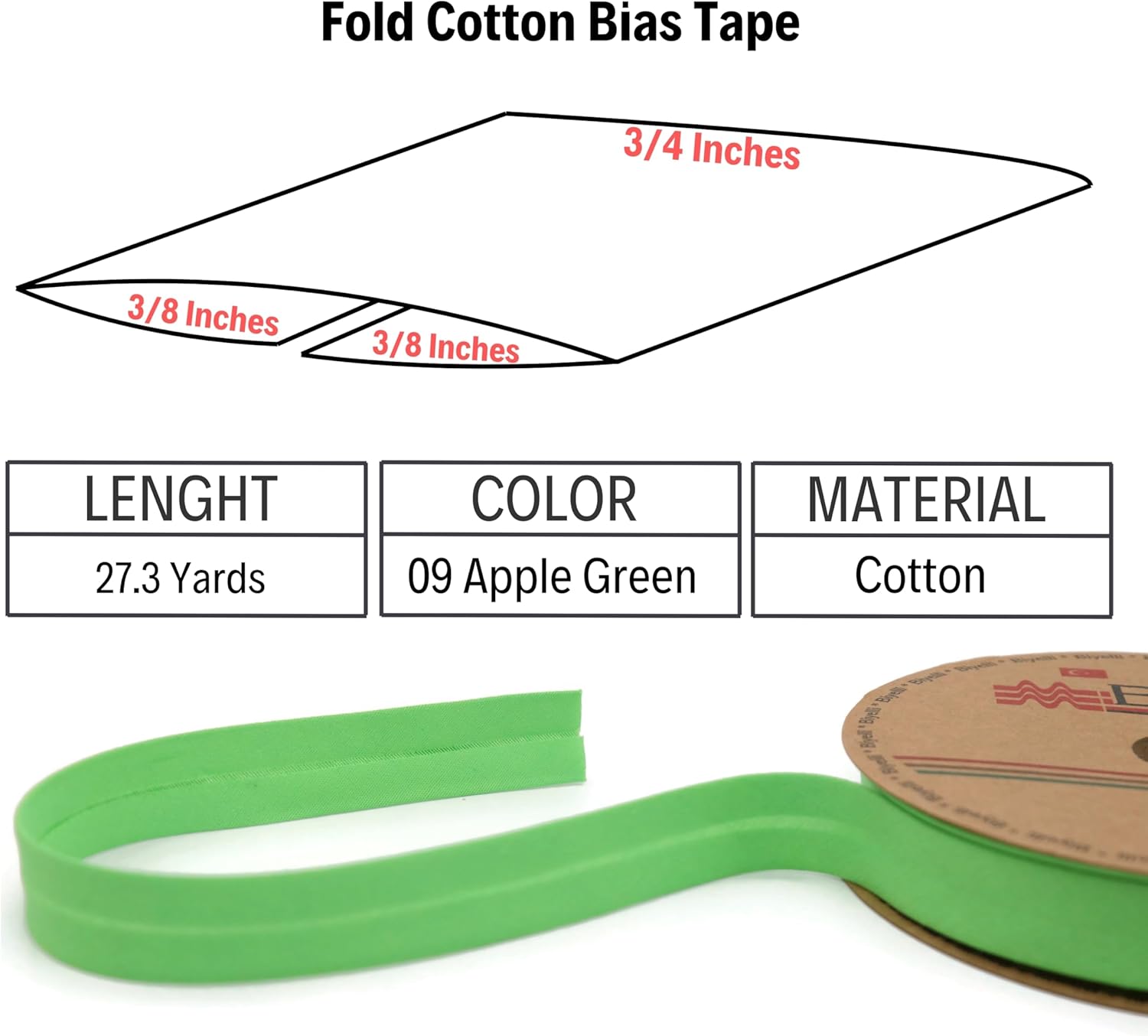 Cotton Fold Bias Tape - 3/4 Inches (20mm) Wide - 27 Yards - 65+ Colors - Single Fold Cotton Fold Bias Binding Tape for Sewing Clothing DIY (09. Apple Green) D09