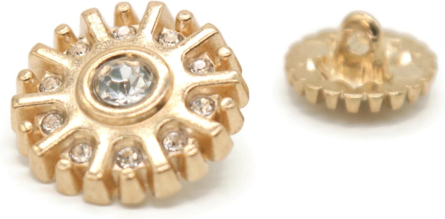 Rhinestone Gold Metal Shank Buttons - 12 Pcs - 3 Size Options - Luxury Rhinestone Floral Round Metal Shank Buttons for Women Blazer Coat Uniform Shirt Suit and Jacket Sewing Craft DIY N15703