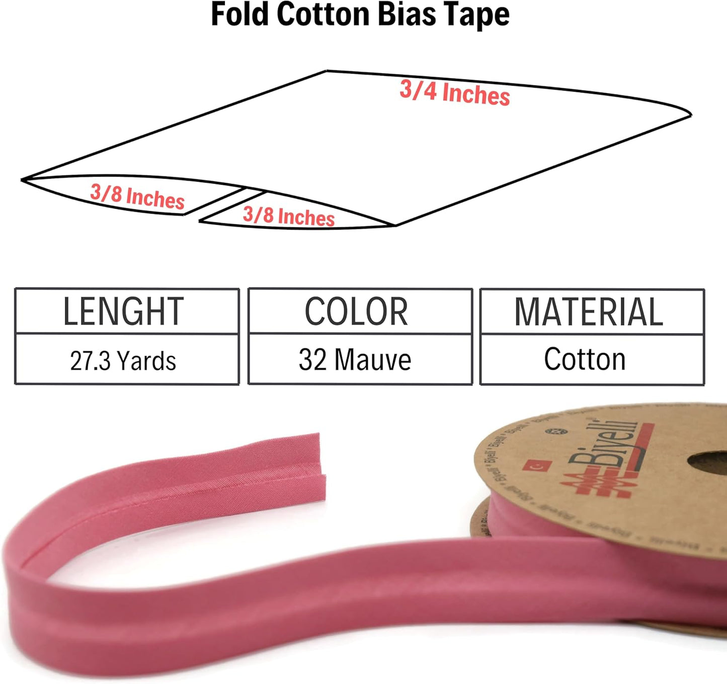 Cotton Fold Bias Tape - 3/4 Inches (20mm) Wide - 27 Yards - 65+ Colors - Single Fold Cotton Fold Bias Binding Tape for Sewing Clothing DIY (32. Mauve) D32