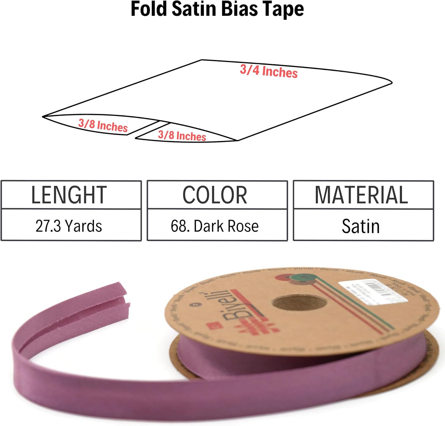 Fold Satin Bias Tape - 99+ Colors - 3/4 Inches Wide - 27 Yards - Fold Satin Binding Bias Ribbon Fabric Piping Bias Binding Tape for Sewing Clothing DIY (68. Dark Rose) BYS68