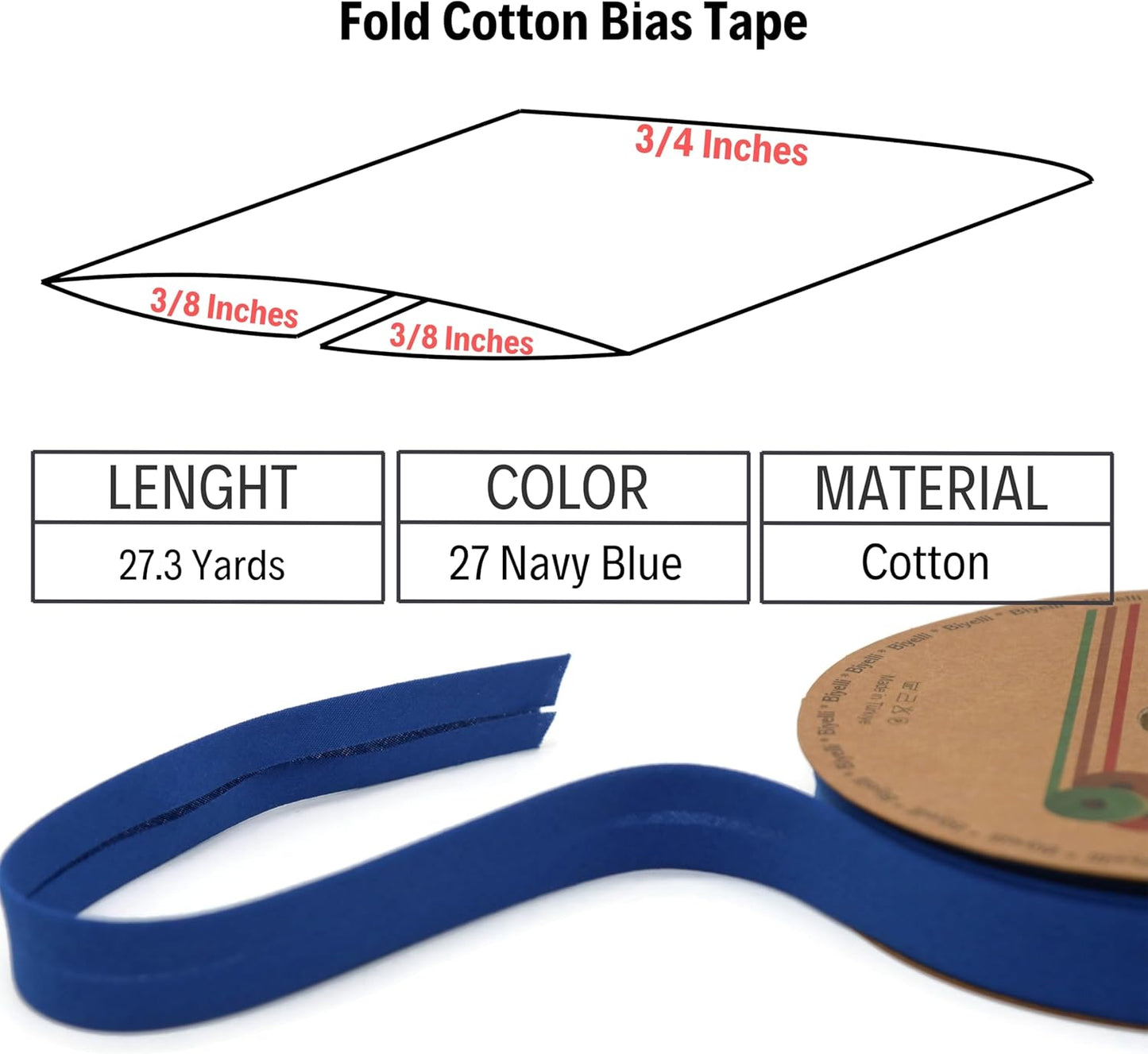 Cotton Fold Bias Tape - 3/4 Inches (20mm) Wide - 27 Yards - 65+ Colors - Single Fold Cotton Fold Bias Binding Tape for Sewing Clothing DIY (27. Navy Blue) D27
