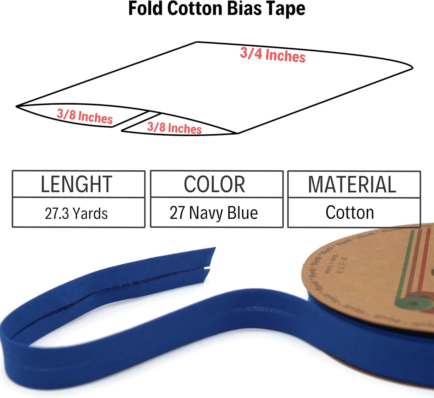 Cotton Fold Bias Tape - 3/4 Inches (20mm) Wide - 27 Yards - 65+ Colors - Single Fold Cotton Fold Bias Binding Tape for Sewing Clothing DIY (27. Navy Blue) D27