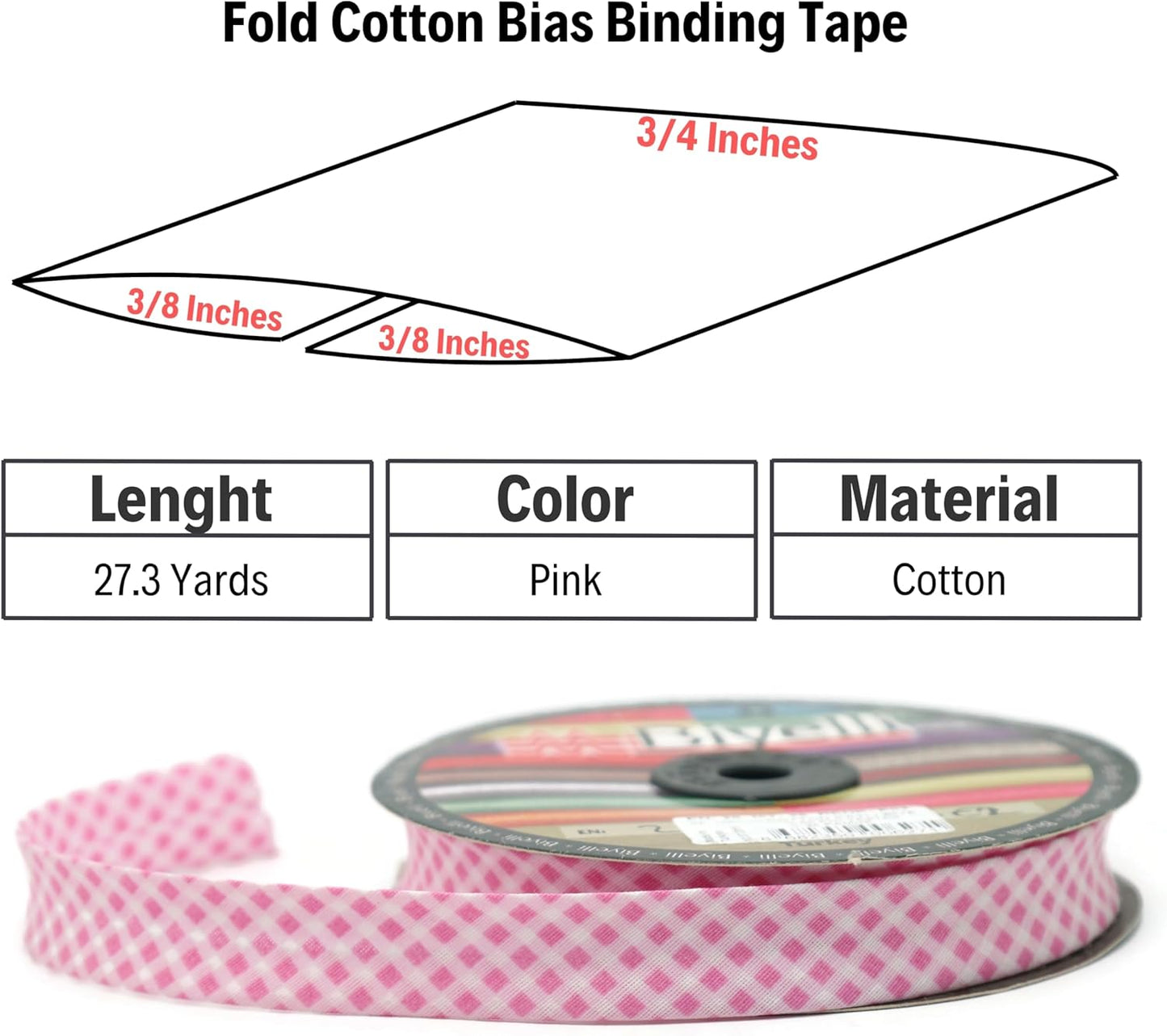 Cotton Fold Bias Binding Tape - 3/4 Inches (20mm) Wide - 27 Yards - Plaid Single Fold Cotton Fold Bias Binding Tape for Sewing Clothing DIY Pink E2