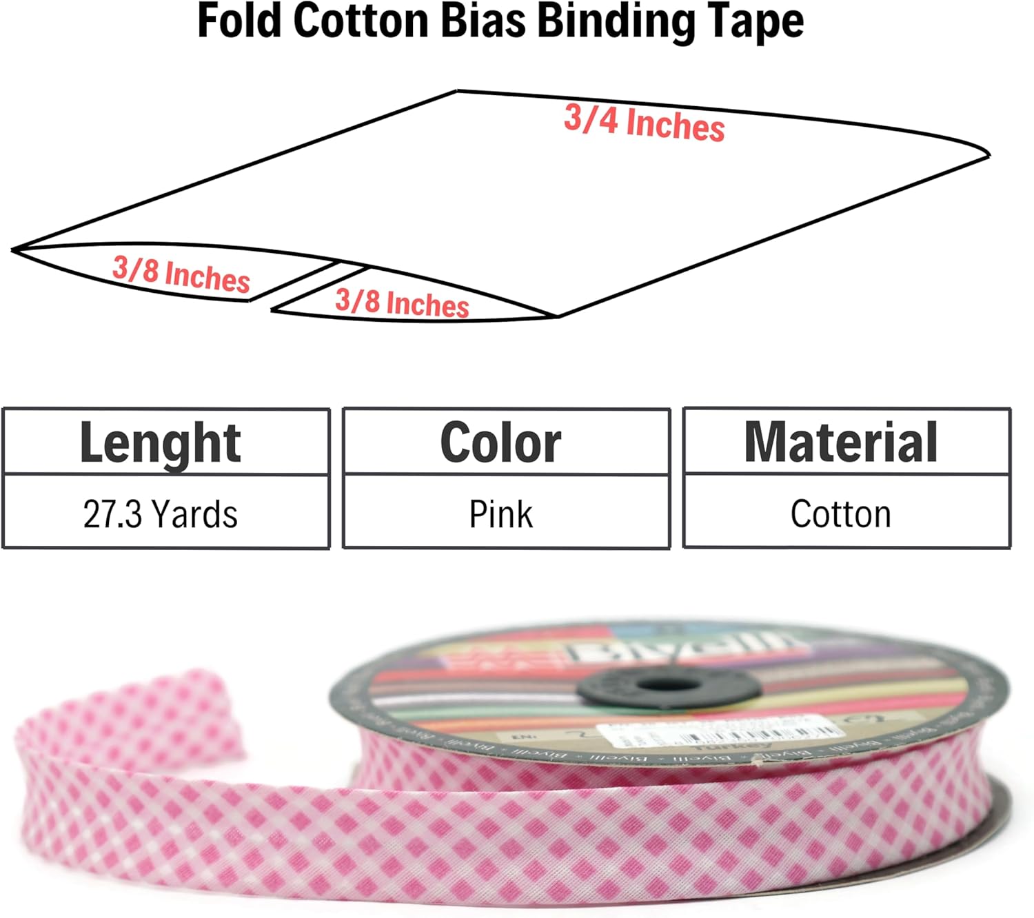 Cotton Fold Bias Binding Tape - 3/4 Inches (20mm) Wide - 27 Yards - Plaid Single Fold Cotton Fold Bias Binding Tape for Sewing Clothing DIY Pink E2