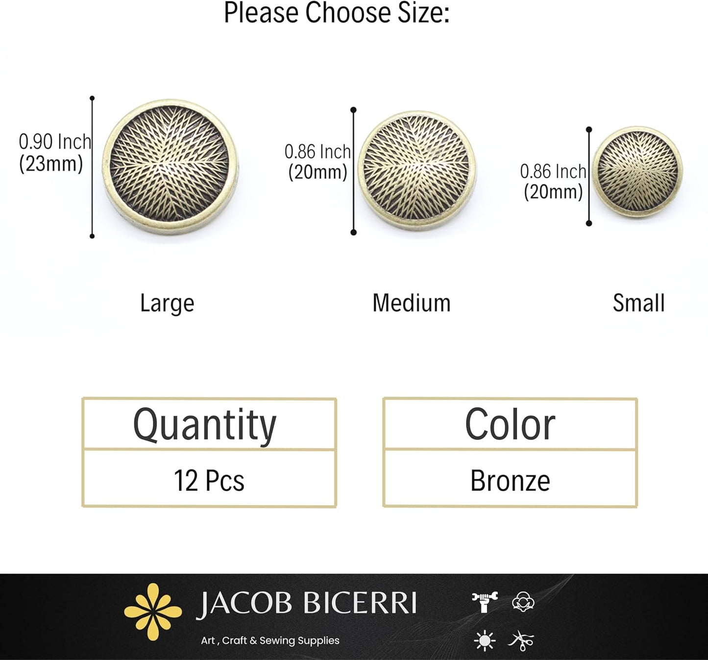 Bronze Metal Shank Buttons - 12 Pcs - 3 Size Options - Luxury Stripeds Round Metal Shank Buttons for Men Women Blazer Coat Uniform Shirt Suit and Jacket Sewing Craft DIY N18203