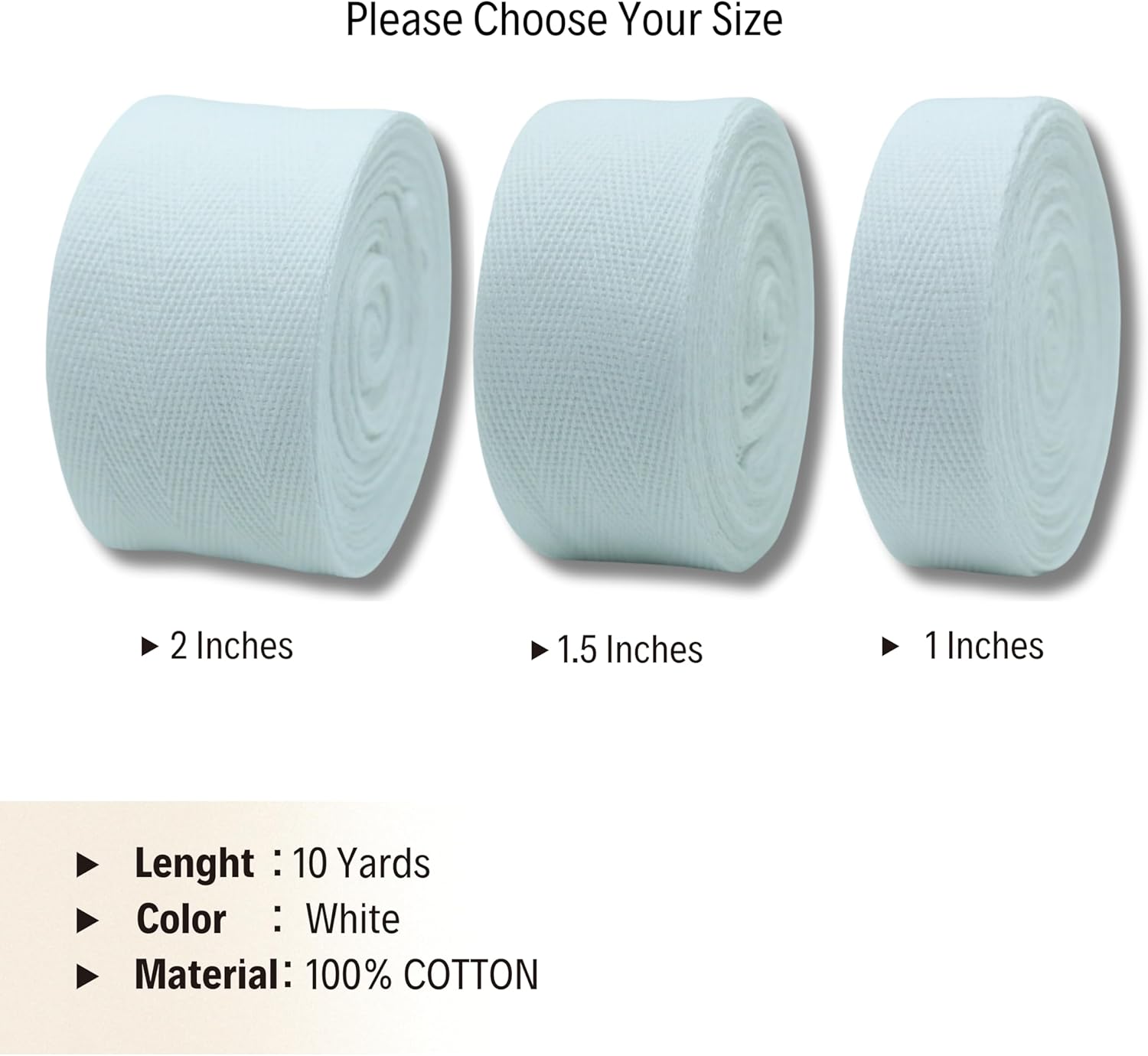 Cotton Twill Tape 1" & 1.5'' & 2" - 10 Yards - 50+ Colors -%100 Natural Cotton 1 Inch 1.5 Inch 2 Inch Herringbone Bias Binding Cotton Twill Tape Trim for Sewing Wrapping Craft DIY White 10602