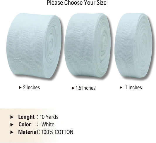 Cotton Twill Tape 1" & 1.5'' & 2" - 10 Yards - 50+ Colors -%100 Natural Cotton 1 Inch 1.5 Inch 2 Inch Herringbone Bias Binding Cotton Twill Tape Trim for Sewing Wrapping Craft DIY White 10602