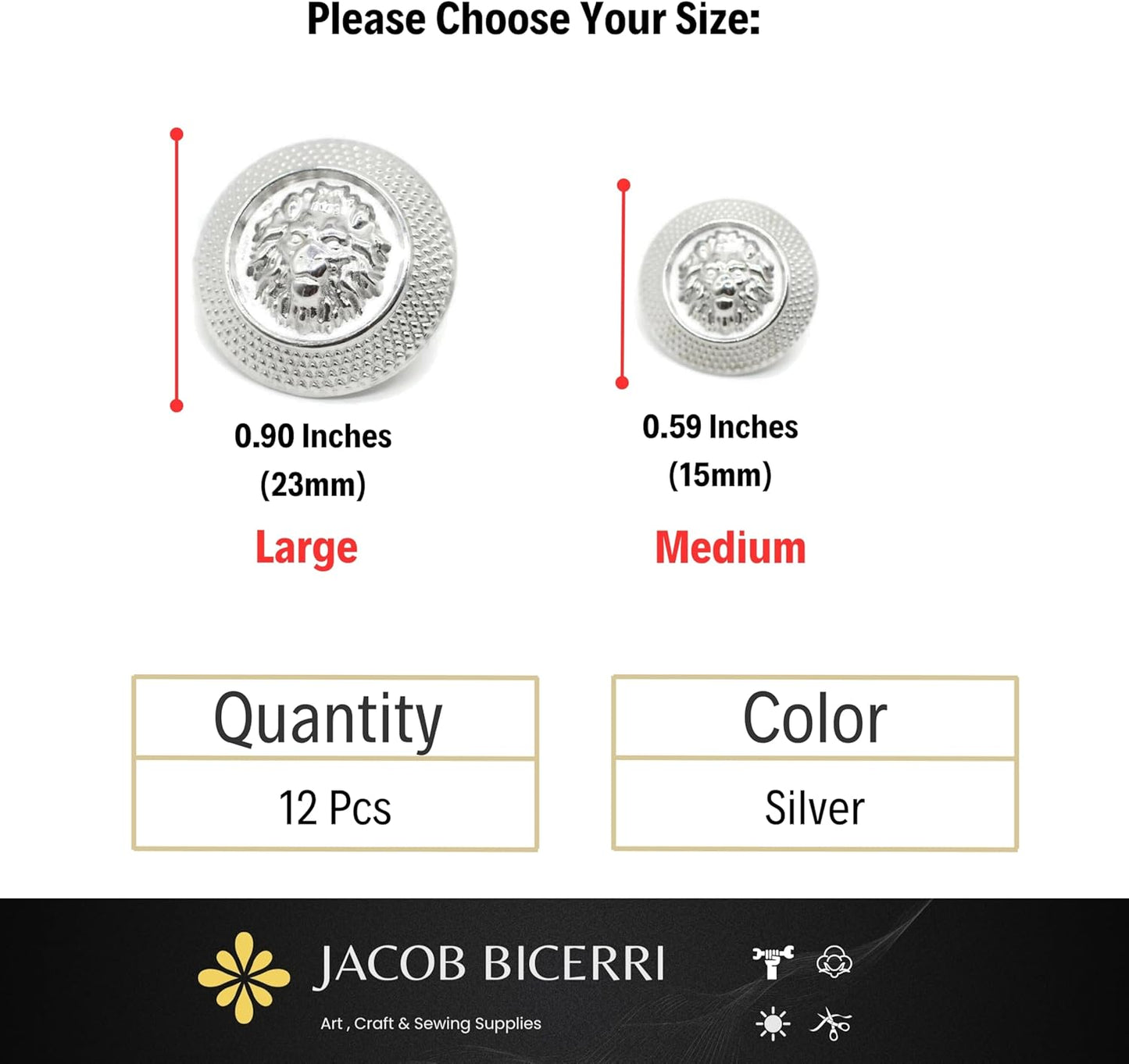 Silver Metal Shank Buttons - 12 Pcs - 2 Size Options - Luxury Lion Round Wave Metal Shank Buttons for Men Women Blazer Coat Uniform Shirt Suit and Jacket Sewing Craft DIY N9201