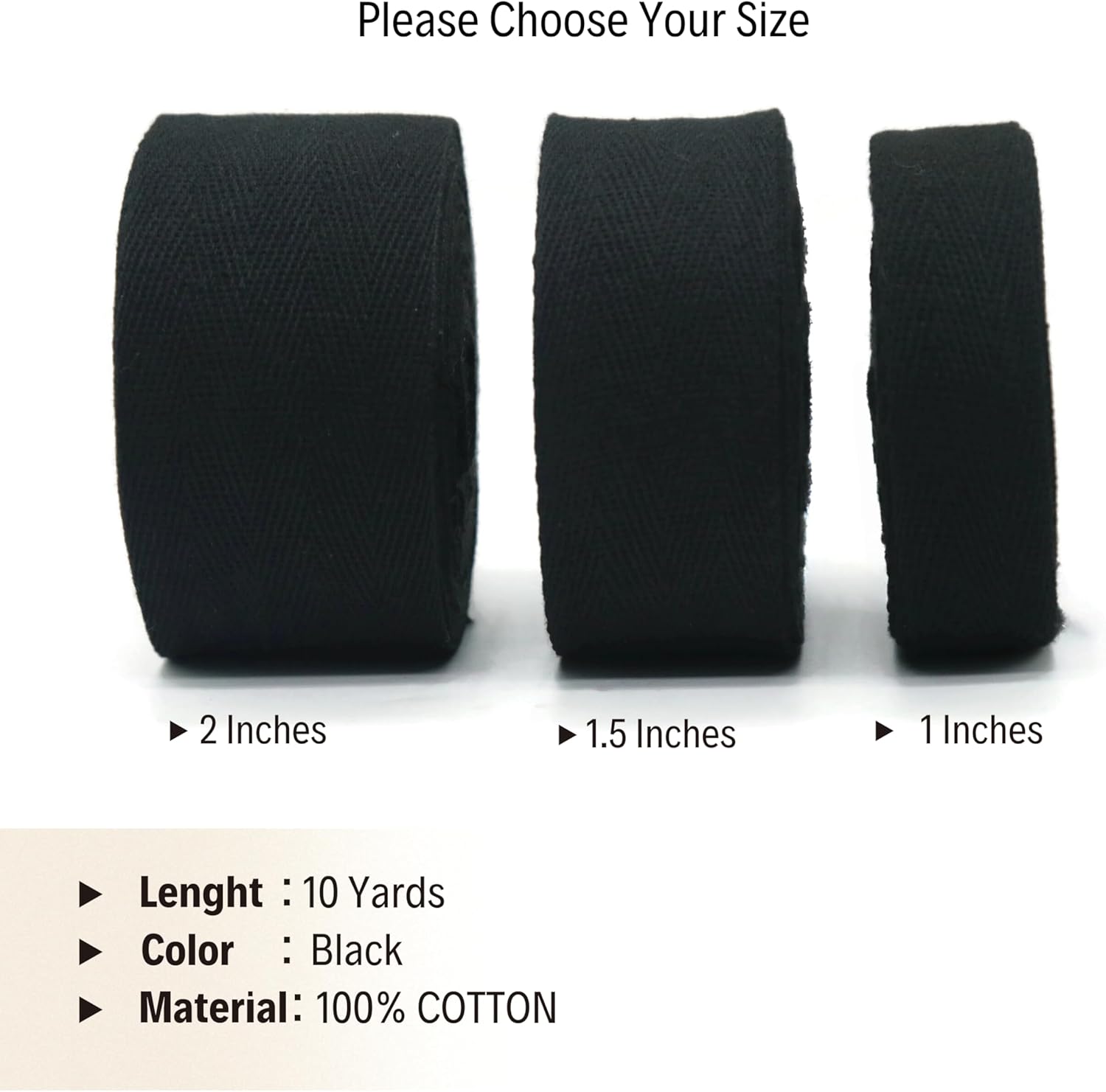 Cotton Twill Tape 1" & 1.5'' & 2" - 10 Yards - 50+ Colors -%100 Natural Cotton 1 Inch 1.5 Inch 2 Inch Herringbone Bias Binding Cotton Twill Tape Trim for Sewing Wrapping Craft DIY Black 10512