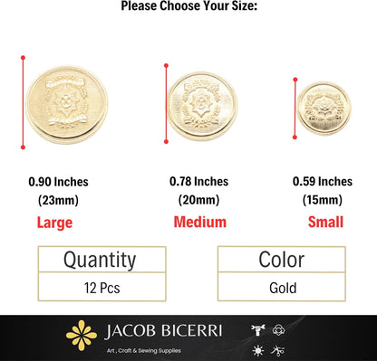 Gold Metal Shank Buttons - 12 Pcs - 3 Size Options - The Guards of Kingdom Round Metal Shank Buttons for Men Women Blazer Coat Uniform Shirt Suit and Jacket Sewing Craft DIY N3302