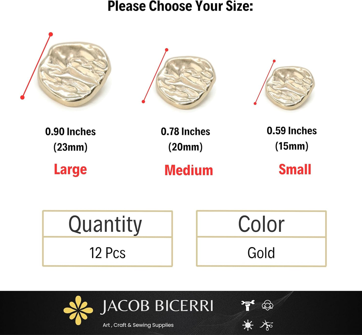 Wrinkle Gold Metal Shank Buttons - 12 Pcs - 3 Size Options - Luxury Wave Wrinkle Irregular Wave Metal Shank Buttons for Men Women Blazer Coat Uniform Shirt Suit and Jacket Sewing Craft DIY N16103