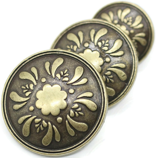 Bronze Metal Shank Buttons - 12 Pcs - 3 Size Options - Floral Round Metal Shank Buttons for Men Women Blazer Coat Uniform Shirt Suit and Jacket Sewing Craft DIY N17803
