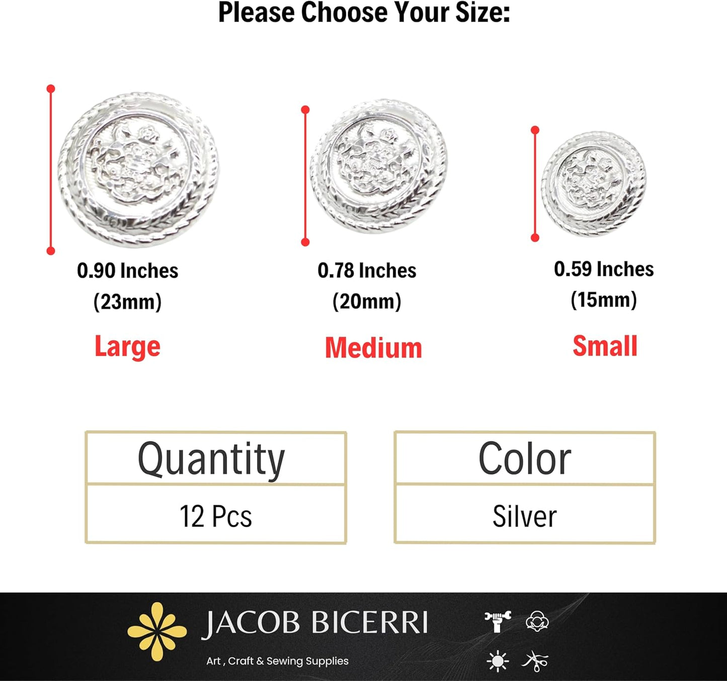 Silver Metal Shank Buttons - 12 Pcs - 3 Size Options - Twin Horse Round Metal Shank Buttons for Men Women Blazer Coat Uniform Shirt Suit and Jacket Sewing Craft DIY N7301