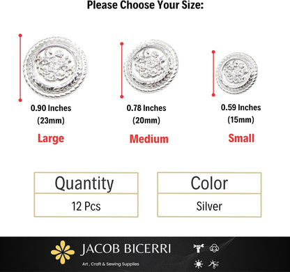 Silver Metal Shank Buttons - 12 Pcs - 3 Size Options - Twin Horse Round Metal Shank Buttons for Men Women Blazer Coat Uniform Shirt Suit and Jacket Sewing Craft DIY N7301