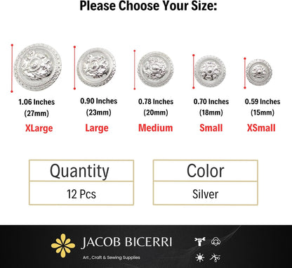 Silver Metal Shank Buttons - 12 Pcs - 2 Size Options - Luxury Horse Round Wave Metal Shank Buttons for Men Women Blazer Coat Uniform Shirt Suit and Jacket Sewing Craft DIY N10102