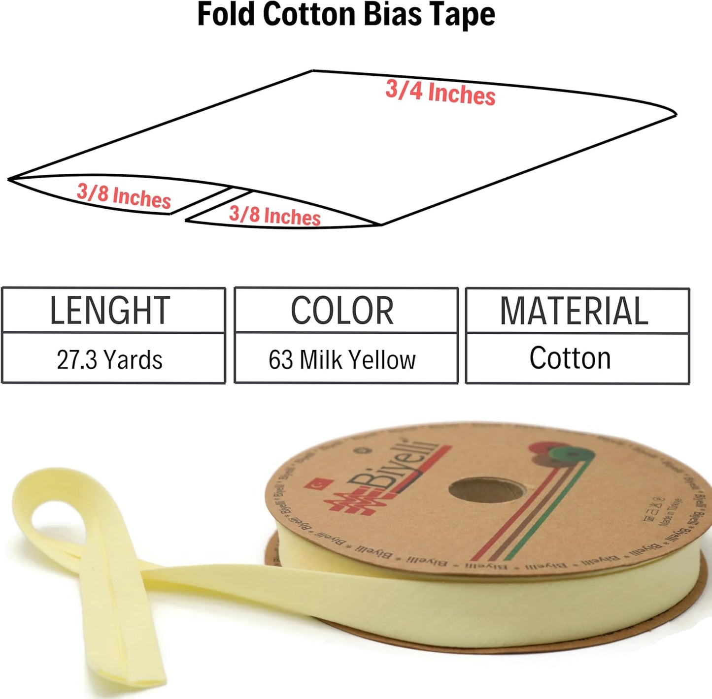 Cotton Fold Bias Tape - 3/4 Inches (20mm) Wide - 27 Yards - 65+ Colors - Single Fold Cotton Fold Bias Binding Tape for Sewing Clothing DIY (63. Milk Yellow) D63