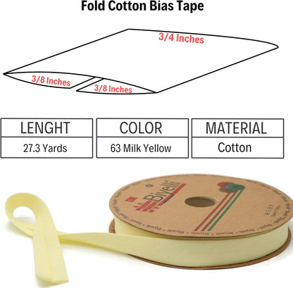 Cotton Fold Bias Tape - 3/4 Inches (20mm) Wide - 27 Yards - 65+ Colors - Single Fold Cotton Fold Bias Binding Tape for Sewing Clothing DIY (63. Milk Yellow) D63