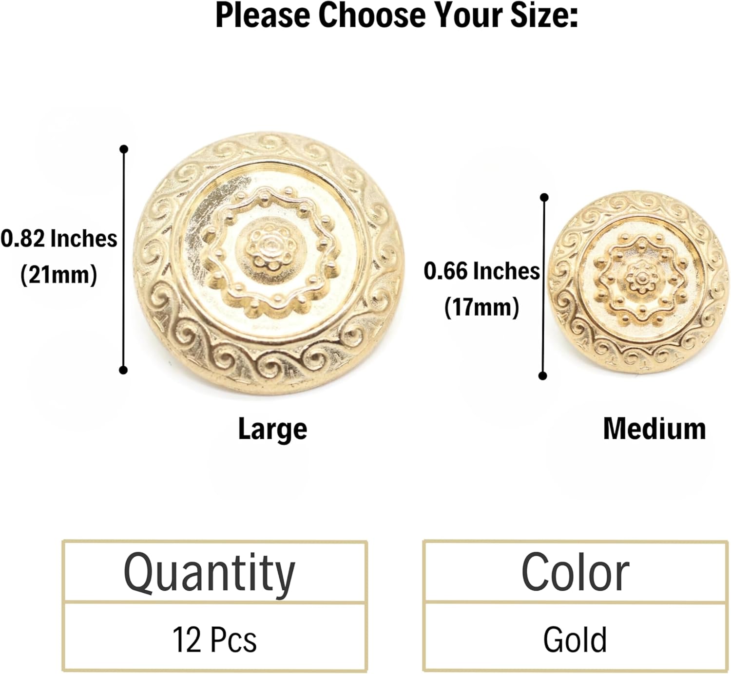 Gold Metal Shank Buttons - 12 Pcs - 2 Size Options - Luxury Floral of Rome Round Metal Shank Buttons Gold for Men Women Blazer Coat Uniform Shirt Suit and Jacket Sewing Craft DIY N0902