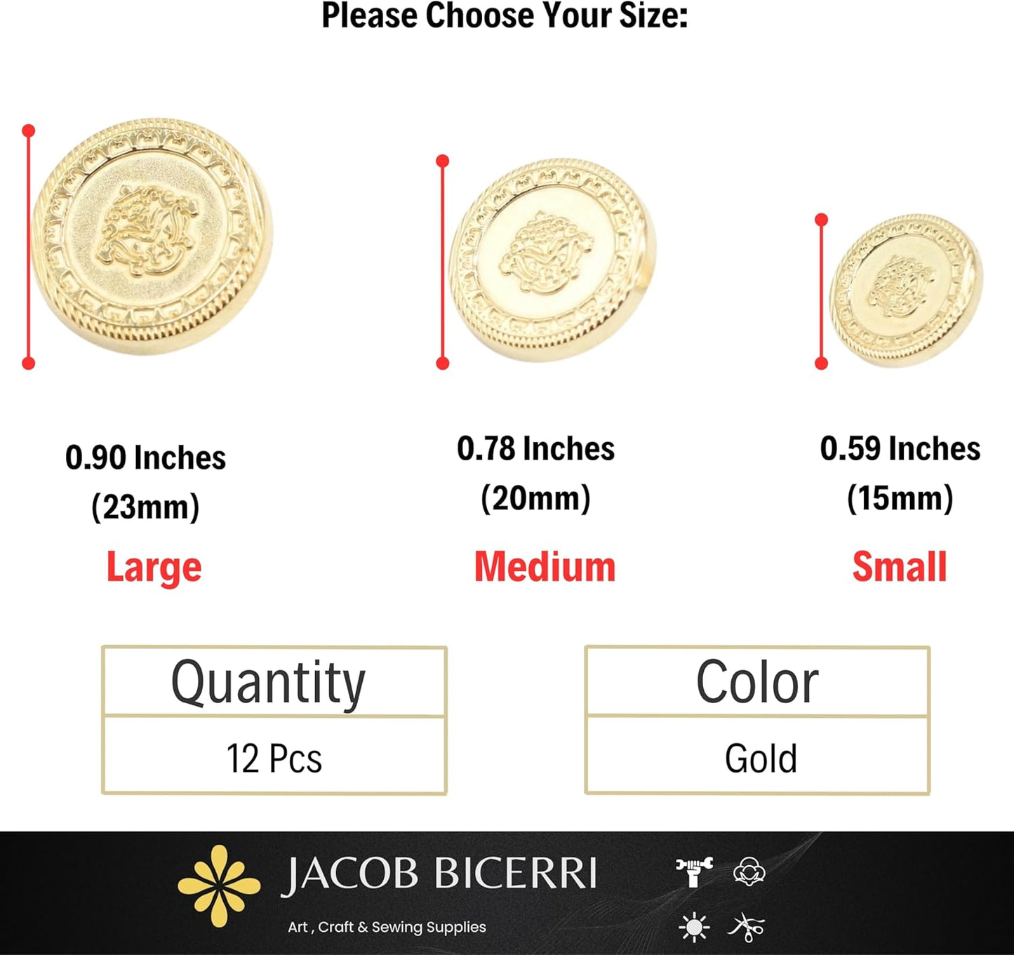 Gold Metal Shank Buttons - 12 Pcs - 3 Size Options - Flower Round Metal Shank Buttons for Men Women Blazer Coat Uniform Shirt Suit and Jacket Sewing Craft DIY N4903