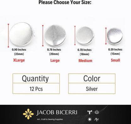 Flat Silver Metal Shank Buttons - 12 Pcs - 4 Size Options - Luxury Flat Round Wave Metal Shank Buttons for Men Women Blazer Coat Uniform Shirt Suit and Jacket Sewing Craft DIY N8401