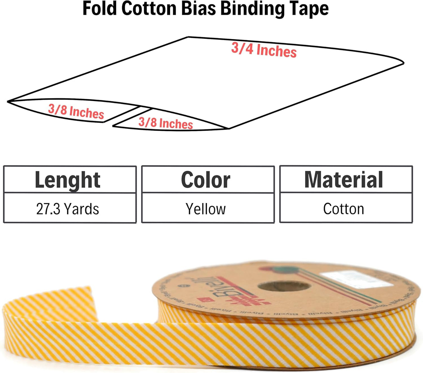Cotton Fold Bias Binding Tape - 3/4 Inches (20mm) Wide - 27 Yards - Plaid Single Fold Cotton Fold Bias Binding Tape for Sewing Clothing DIY Yellow C4